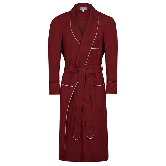 Plain Cotton Poplin Dressing Gown in Wine with White Trim
