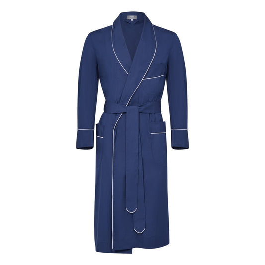 Plain Cotton Poplin Dressing Gown in Navy with White Trim