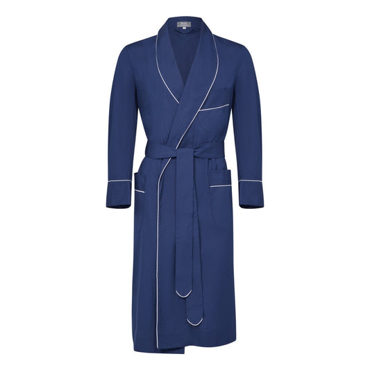 Plain Cotton Poplin Dressing Gown in Navy with White Trim Budd Shirtmakers Ltd Plain Cotton Poplin Dressing Gown in Navy with White Trim Budd Shirtmakers Ltd