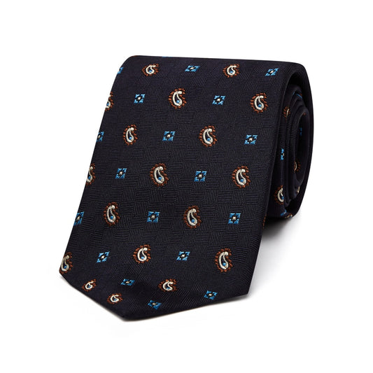 Paisley and Floral Woven Silk Tie in Navy