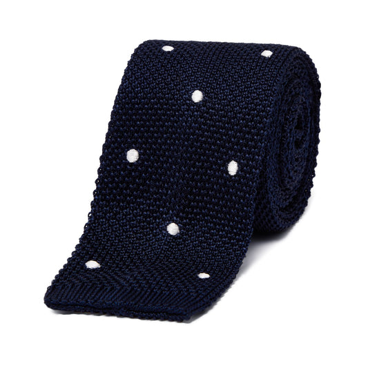 Silk Knitted Tie in Navy with White Spot