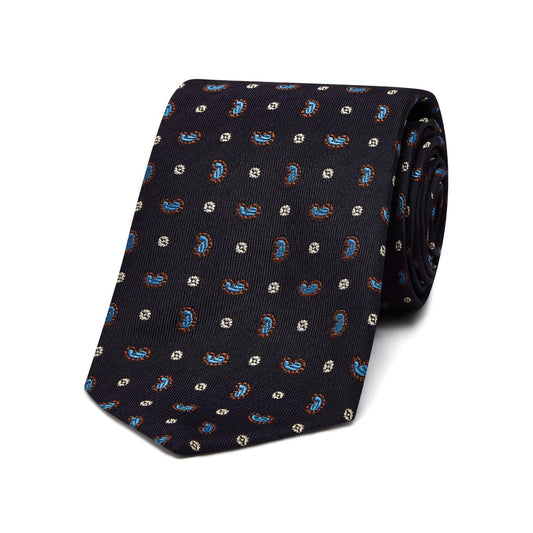 Paisley and Spot Woven Silk Tie in Navy