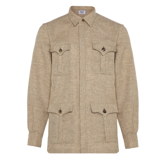 Herringbone Wool Button Cuff Safari Shirt in Natural