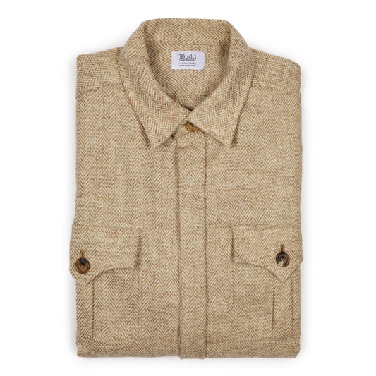 Herringbone Wool Button Cuff Safari Shirt in Natural