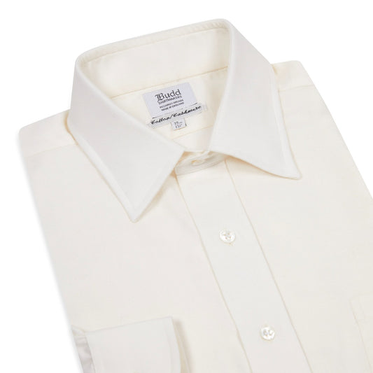 Classic Fit Plain Cotton and Cashmere Button Cuff Shirt in Cream Collar Detail