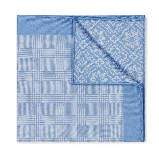 Prince of Wales Silk Pocket Square in Teal with Floral Reverse