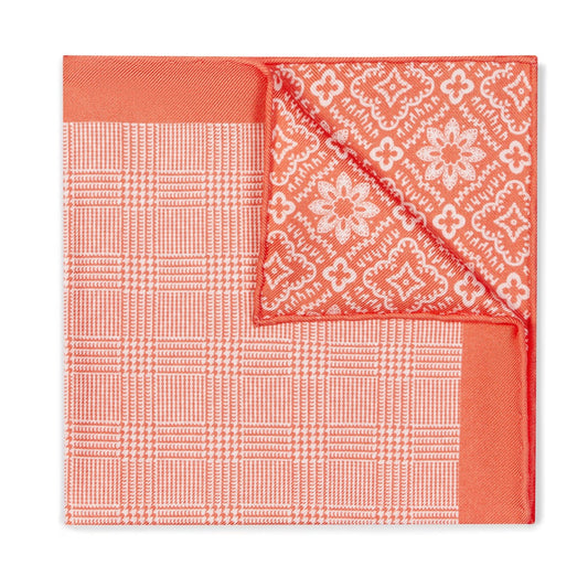 Prince of Wales Silk Pocket Square in Orange with Floral Reverse