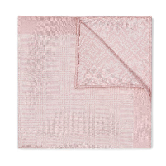 Prince of Wales Silk Pocket Square in Pink with Floral Reverse Side