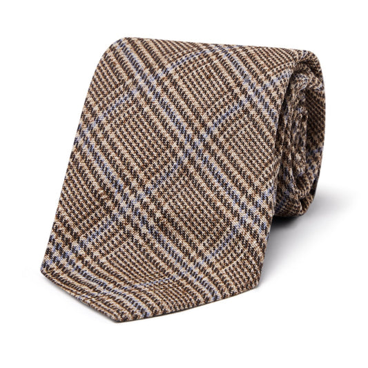 Silk and Cotton Prince of Wales Check Bourette Tie in Brown