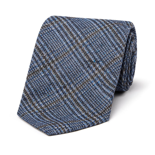 Silk and Cotton Prince of Wales Check Bourette Tie in Denim Blue