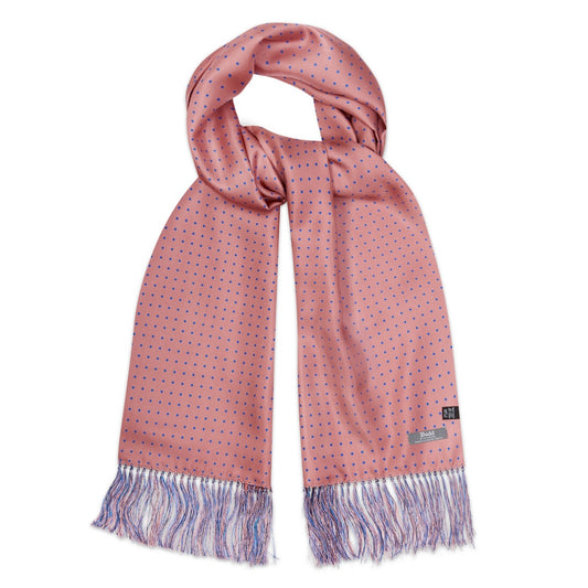 Silk Spot Fringed Scarf in Pink and Blue
