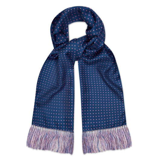 Silk Spot Fringed Scarf in Blue and Pink