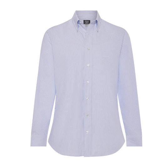 Tailored Fit Button Down Stripe Oxford Shirt in Sky Blue and White Open