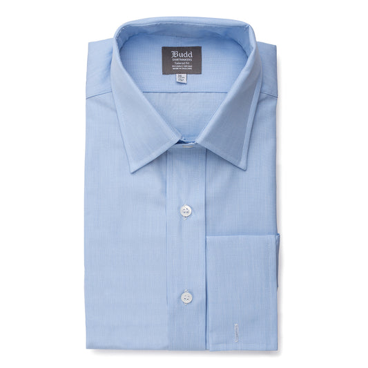 Tailored Fit Plain End on End Double Cuff Shirt in Sky Blue