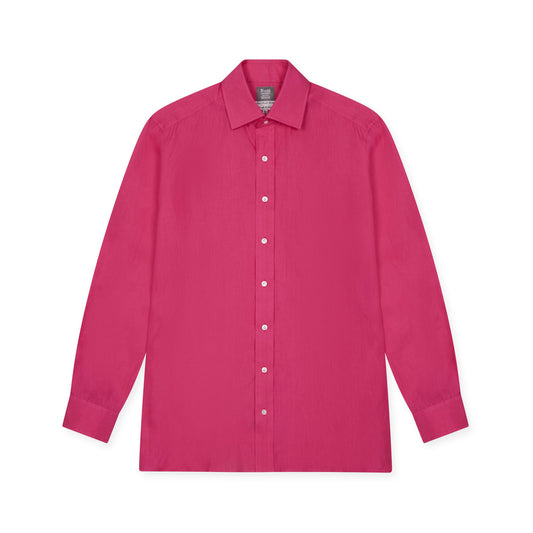 Tailored Fit Bank Collar Linen Button Cuff Shirt in Hot Pink