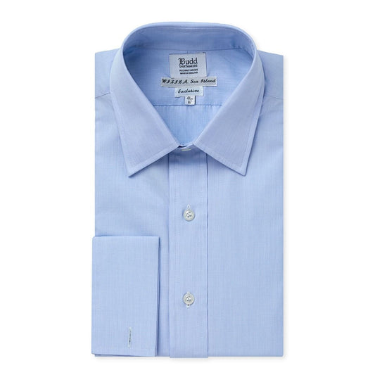 Tailored Fit Exclusive End on End Sea Island Cotton Double Cuff in Blu Budd Shirtmakers Ltd Tailored Fit Exclusive End on End Sea Island Cotton Double Cuff in Blu Budd Shirtmakers Ltd
