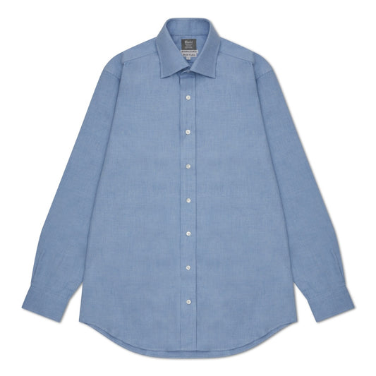 Tailored Fit Plain Brushed Cotton Button Cuff Shirt in Blue Flat