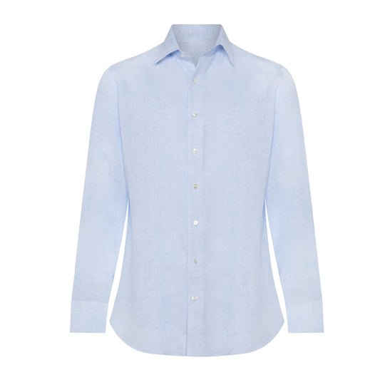 Tailored Fit Bank Collar Linen Double Cuff Shirt in Sky
