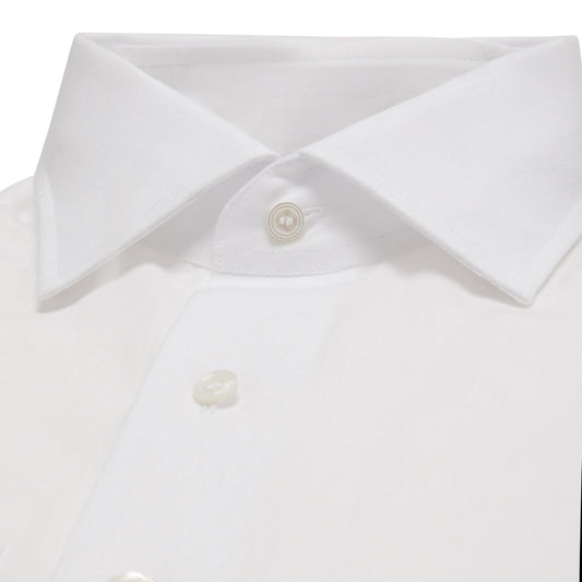 Tailored Fit Bank Collar Linen Double Cuff Shirt in White folded collar