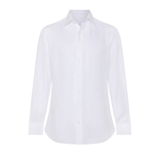 Tailored Fit Bank Collar Linen Double Cuff Shirt in White