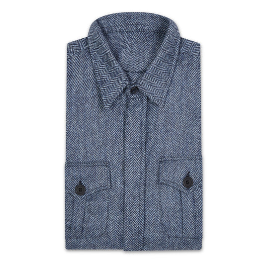 Plain Wool Button Cuff Safari Shirt in Blue folded