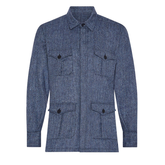 Herringbone Wool Button Cuff Safari Shirt in Blue